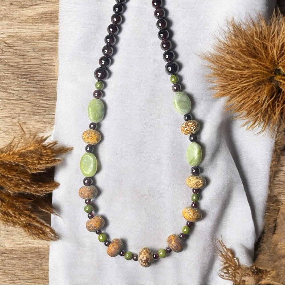 Brown Unakite & Green Jade Stone Necklace